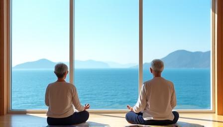 제주도의 푸른 바다가 보이는 명상 공간