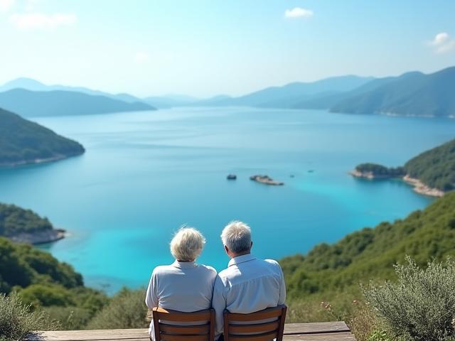 맑은 남해 바다를 바라보는 시니어 부부