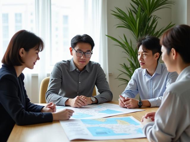 여행 전문가 세 명이 환한 미소로 시니어를 위한 여행 계획을 논의하는 모습